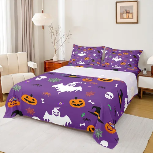 Juego de sábanas de calavera de azúcar con fantasma blanco para decoración de Halloween para niños, juego de sábanas de linterna de calabaza,