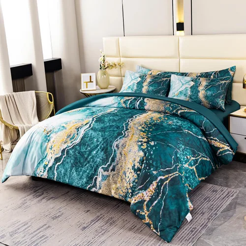 PERFEMET Juego de edredón de 6 piezas tamaño Full, color oro aguamarina, ropa de cama en una bolsa, edredón de mármol acuarela con sábanas, suave,