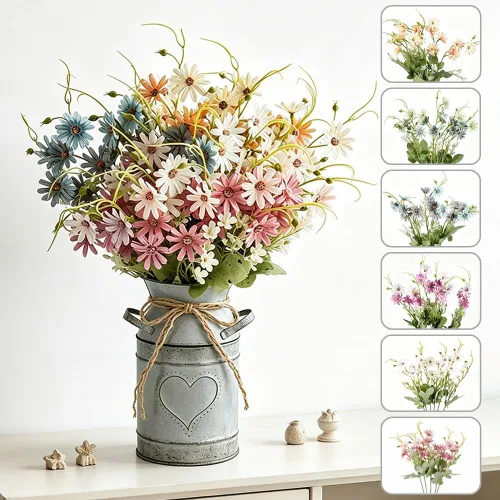 LESING Flores artificiales de margaritas con jarrón, plantas silvestres de margaritas falsas en jarrón decorativo de metal, flores rústicas vintage