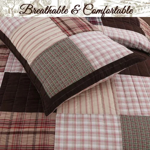 Miniatura 5 de Cozy Line Home Fashions Colcha Reversible de Retazos Reales Hechos a Mano Brody Farmhouse Chocolate a Cuadros y Rayas, Juego de Ropa de Cama
