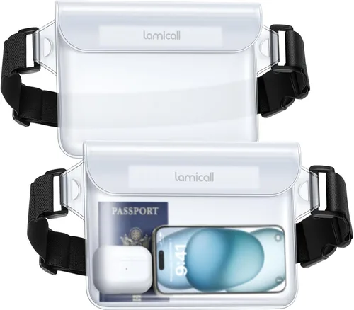 Miniatura 8 de Lamicall Riñonera Impermeable - [Paquete de 2] [Correa de Cintura Elástica 2025] Bolsas Secas IPX8 a Prueba de Agua para Natación, Playa, Kayak