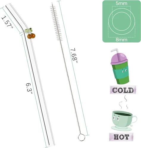 Miniatura 4 de 5 popotes reutilizables de vidrio transparente con diseño color cereza de 7.8" x 8mm con 1 cepillo de limpieza para batidos, zumos, jugos y tés