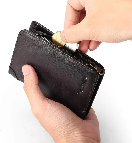 Miniatura 19 de Billetera para hombre con cremallera de cuero genuino RFID tarjeteros de piel de vaca con cremallera bolsillo para monedas, carteras plegables