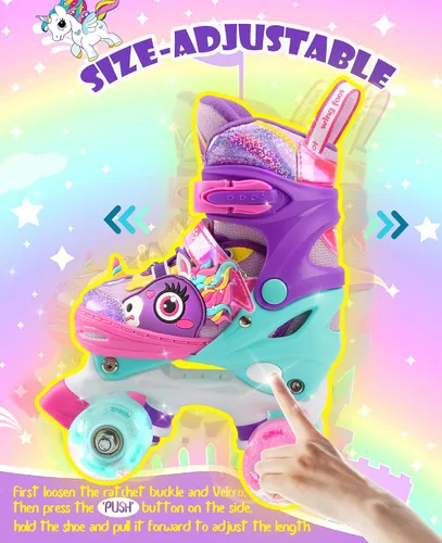 Miniatura 6 de Dino - Patines de ruedas para niños y niñas, WESKIFAN Dinosaur Quad Skating Shoes con ruedas brillantes y tamaños ajustables para principiantes