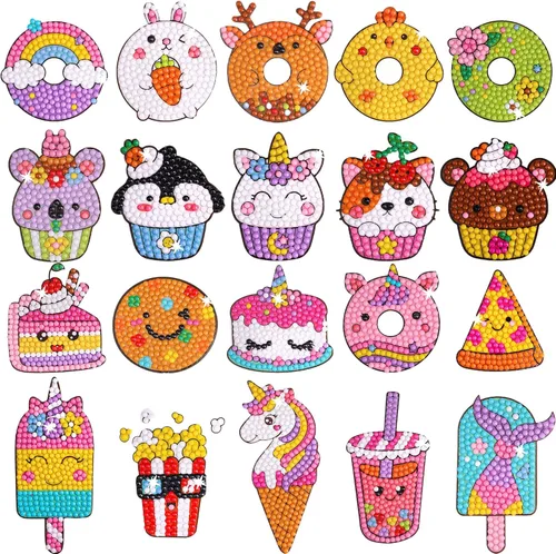 Kits de Pintura de Diamantes Cymbana para Niños 20 Piezas de Postres Incluye Cupcake, Dona, Helado, Palomitas de Maíz, Galletas Dulces