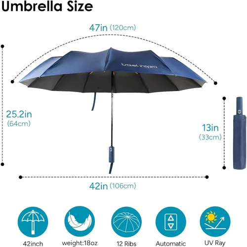 Miniatura 2 de travel inspira Reverse Umbrella Automatic OpenClose, Inverted Folding Umbrella with Reflective Stripes UPF 50+ 99% UV Protection Compact Heavy-Duty