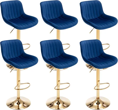 Miniatura 10 de Juego de 4 taburetes de bar giratorios de terciopelo con respaldo y reposapiés, sillas de bar doradas modernas ajustables para isla de cocina, bar