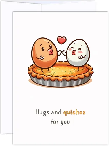 Divertida tarjeta de amor – Abrazos y quiches para ti – Tarjetas de felicitación para feliz aniversario, solo porque sí, para él, ella, marido,
