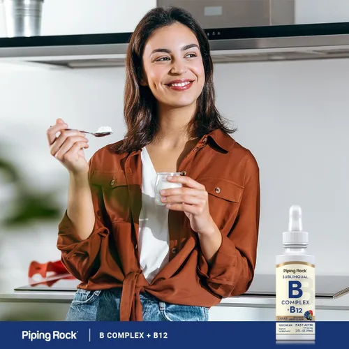 Miniatura 6 de Piping Rock Complejo de vitamina B con B12 Gotas líquidas 1200 mcg 2oz Suplemento sublingual Sabor a bayas Vegetariano, sin OMG, sin gluten