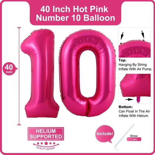 Miniatura 2 de Lovoir Globo rosa intenso de 40 pulgadas, 10 dígitos gigantes, de papel de aluminio de Mylar para helio, globos de color rosa intenso para fiesta