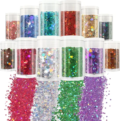 Matio - Purpurina holográfica gruesa, 12 colores surtidos de purpurina artesanal mezclada, 3mm de forma de estrella, purpurina fina en polvo, copo