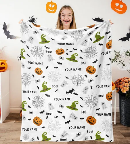 Miniatura 10 de Manta de Halloween personalizada con nombre, mantas de Halloween personalizadas para niños, Halloween personalizada para niños y niñas, bonita manta