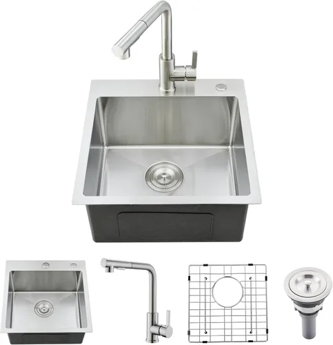 Miniatura 14 de Fregadero de barra empotrable de 15 pulgadas con combo de grifo Acero inoxidable dorado, tazón individual de montaje superior, diseño moderno