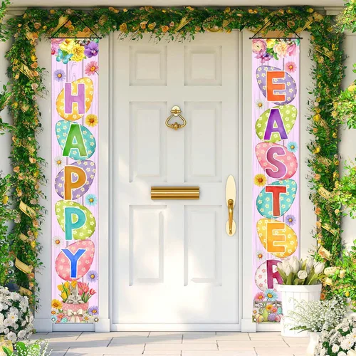 Miniatura 2 de Cartel de Pascua para porche, conejo, huevo, conejo, margarita, fiesta, puerta delantera, letrero para colgar en la pared, decoración de primavera