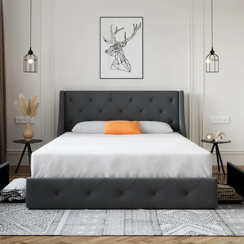 Miniatura 3 de SHA CERLIN Marco de cama tapizado de tamaño matrimonial con 4 cajones de almacenamiento y cabecera con respaldo de ala, diseño capitonado de botón