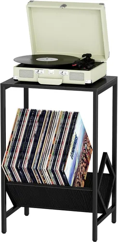 Miniatura 4 de Mesa auxiliar de 2 niveles, mesa auxiliar, soporte para tocadiscos con almacenamiento de hasta 100 álbumes, almacenamiento de discos de vinilo, Negro
