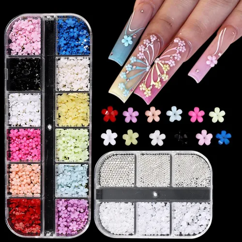 Miniatura 9 de Abalorios de uñas con flores 3D, flor acrílica rosa pastel 3D para uñas, cuentas de caviar doradas, decoración de uñas, kit de diamantes