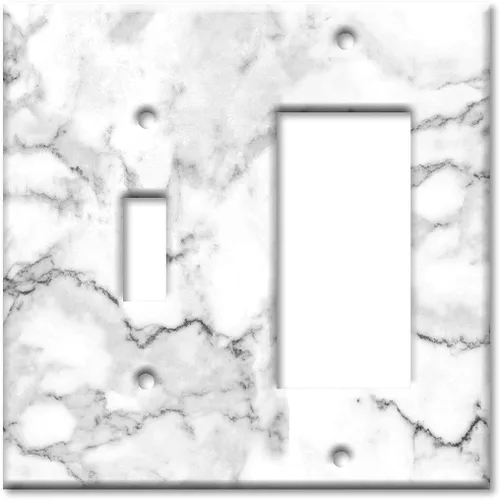 Miniatura 5 de Art Plates - Placa de interruptor de combinación de 2 bandas con 1 palanca y 1 toma de corriente - Mármol blanco y gris - Impresión de granito