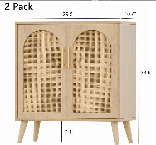 Miniatura 2 de Rovaurx Juego de 2 gabinetes de almacenamiento de ratán con puertas, gabinete de piso de baño de acento, aparador moderno para sala de estar, Natural