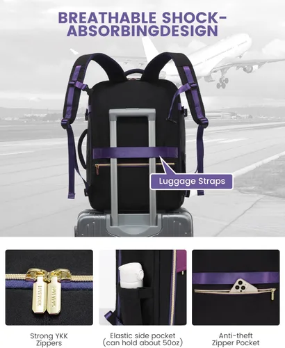 Miniatura 6 de Mochila de viaje LOVEVOOK para mujeres, mochila de 40L para llevar en el avión, Púrpura, negro