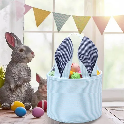 Miniatura 7 de Cesta de Pascua de sirsaca para niños con lindas orejas de conejo a rayas, regalos de almacenamiento de caramelos, regalos personalizados