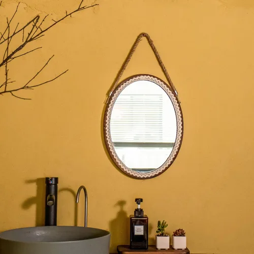 Miniatura 4 de OKSQW Espejo de pared ovalado de 16 pulgadas, marco de encaje, arte decorativo, rústico, de madera, espejo colgante con cuerda para entrada