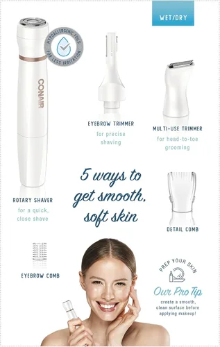 Miniatura 7 de Conair Depilación facial todo en 1 para mujeres, recortadora eléctrica inalámbrica, perfecta para cara, orejas/nariz, cejas y líneas de bikini