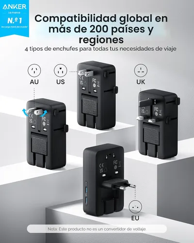 Miniatura 2 de Anker Adaptador de Viaje Nano, Adaptador de Corriente de 5 Puertos con 1 AC, 2 USB-A y 2 Puertos USB-C, Control Inteligente de Temperatura, Negro