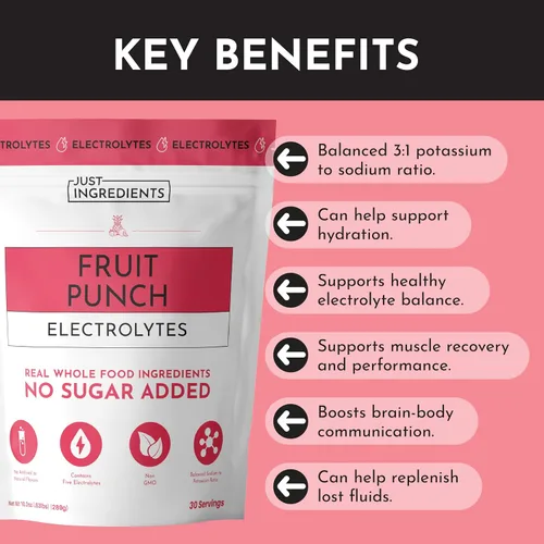 Miniatura 5 de Fruit Punch Electrolytes-30 - Mezcla de bebida de hidratación con agua de coco, sal marina y minerales traza - Apoya la hidratación, la recuperación