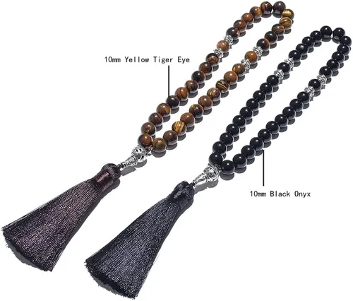 Miniatura 5 de Pulsera de 33 cuentas de oración con 33 cuentas de oración para hombres y mujeres, color ónix negro y amarillo (ojo de tigre de 0.394in)