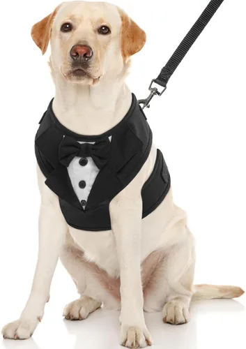 Miniatura 12 de Kuoser Arnés de esmoquin para perro, arnés ajustable para mascotas sin tirones para perros pequeños y medianos, traje de boda para perros con Negro