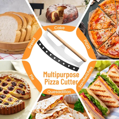 Miniatura 4 de Cortador de Pizza Basculante con Mangos de Madera y Cubierta Protectora por Zocy, Rueda Cortadora de Pizza de Acero Inoxidable Afilado de 16