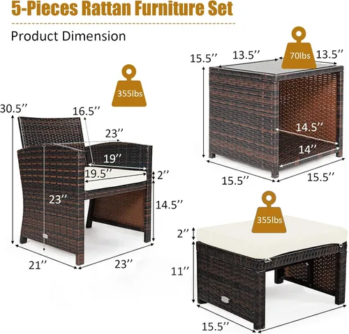 Miniatura 5 de Tangkula Patiojoy - Juego de muebles de patio de mimbre de 5 piezas con funda impermeable, sillas acolchadas para exteriores y otomanas con mesa