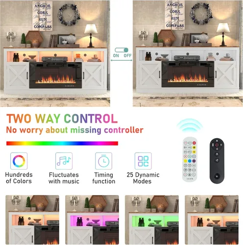 Miniatura 3 de jiteentarou Soporte de TV con chimenea de granja para TV de 70/75/80 pulgadas, centro de entretenimiento de 32 pulgadas de alto con chimenea Blanco