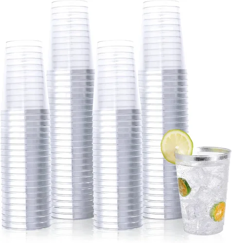 Vplus Paquete de 150 vasos de plástico transparente reutilizables con borde plateado de 12 onzas, vasos desechables de plástico resistentes para