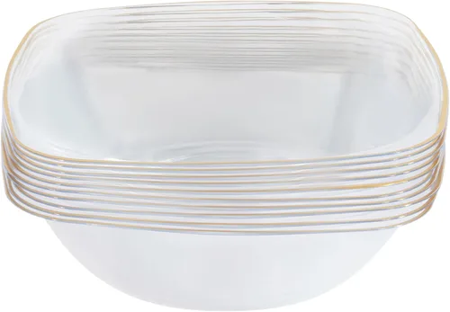 Miniatura 10 de Tazones de sopa cuadrados de plástico negro orgánicos para fiestas con borde dorado, vajilla desechable elegante, platos de 16 oz, paquete de 32