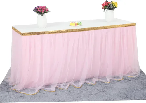 Falda de tul con lentejuelas doradas para mesa de 6, 9 ó 14 pies, para fiestas de novia, bodas, fiestas de cumpleaños, etc., 6 ft, Rosado