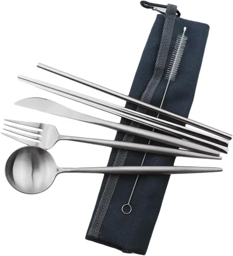 Miniatura 19 de Utensilios de viaje reutilizables, 7 piezas portátiles de acero inoxidable 304, incluyendo cuchillo, tenedor, cuchara, palillos, cepillo