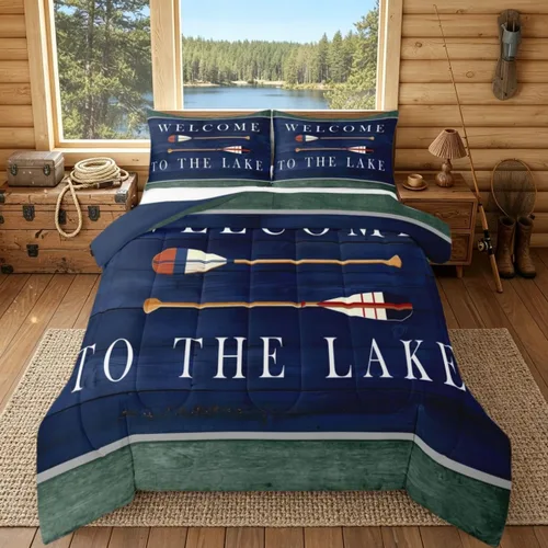 Miniatura 50 de Juego de ropa de cama King para casa del lago, juego de edredón de paleta de madera retro para regalos para amantes del lago, inserto de edredón