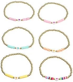 Miniatura 6 de COLORFUL BLING Paquete de 6 pulseras de cuentas doradas con diseño de bola de disco de vinilo arcoíris para mujeres y niñas