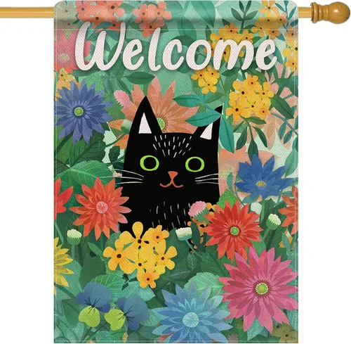 Miniatura 9 de Dyrenson Bandera decorativa de jardín con diseño de gato negro de primavera, casa de gatito, patio, césped, margaritas, flores rojas y azules
