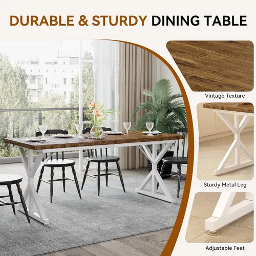 Miniatura 3 de Mesa de comedor de granja para 6-8 personas, mesa de comedor rectangular de madera de 70.8 pulgadas, mesa de cocina rústica con patas de metal extra