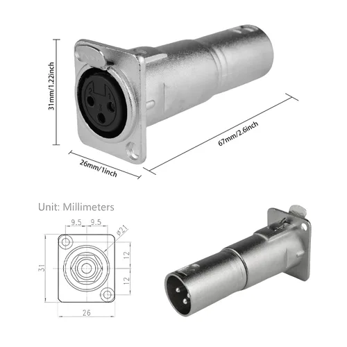 Miniatura 6 de Conector XLR hembra a macho de 3 pines para montaje en panel, acoplador adaptador de micrófono duradero con toma de montaje de alimentación, ideal