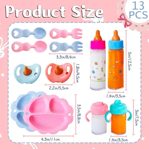 Miniatura 2 de Juego de 13 Piezas de Accesorios para Muñecas de Bebé con Biberones Mágicos, Juego de Juguetes de Alimentación de Simulación con Empaque, Juego