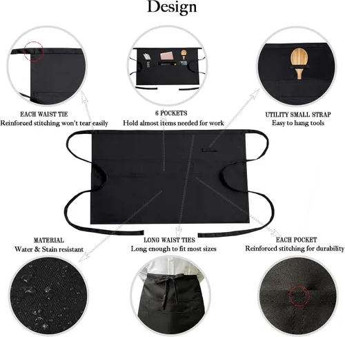 Miniatura 3 de Delantales de servidor negros con 6 bolsillos, delantal de cintura para camarero unisex, peluquero y limpiador