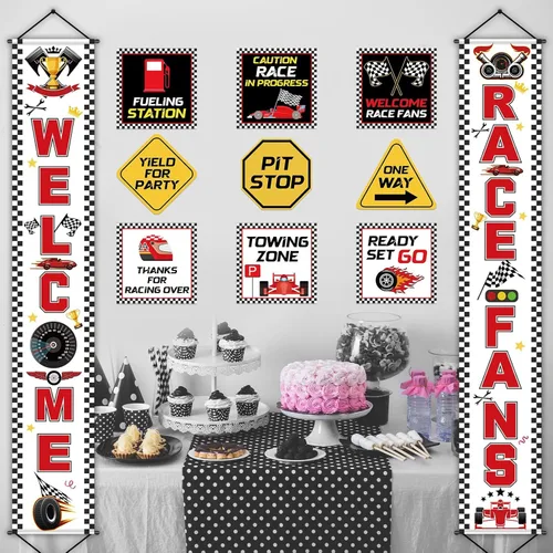 Miniatura 5 de Cartel de fiesta de cumpleaños de coche de carreras, banderas a cuadros, 9 carteles de fiesta de automóviles para decoración de fiesta