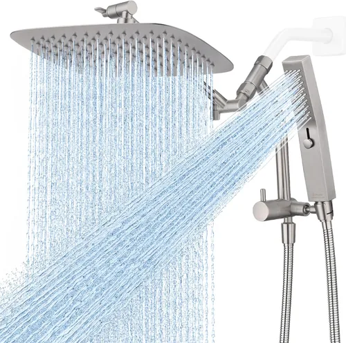 G-Promise Cabezal de ducha todo metálico de 10 pulgadas con modo de masaje manual, cabezal de ducha tipo lluvia con rociador manual combinado,