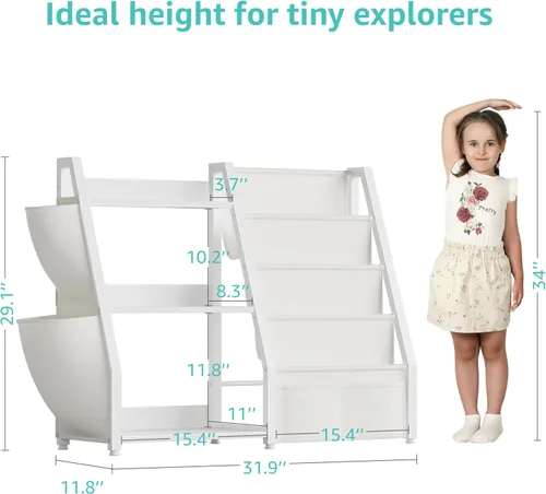 Miniatura 2 de Estantería para niños y almacenamiento de juguetes, organizador de juguetes con estante para libros de 3 niveles, estantería pequeña con eslinga