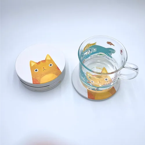 Miniatura 7 de Juego de 6 posavasos redondos absorbentes de piedra de cerámica lindos para bebidas de gato para tazas y tazas, mesa de café, escritorio de oficina