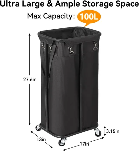 Miniatura 4 de WOWLIVE Cesta de Ropa Sucia Rodante de 100L con Ruedas Cesta Grande de Lavandería Organizadora Carrito de Lavandería con Marco de Acero y Bolsa